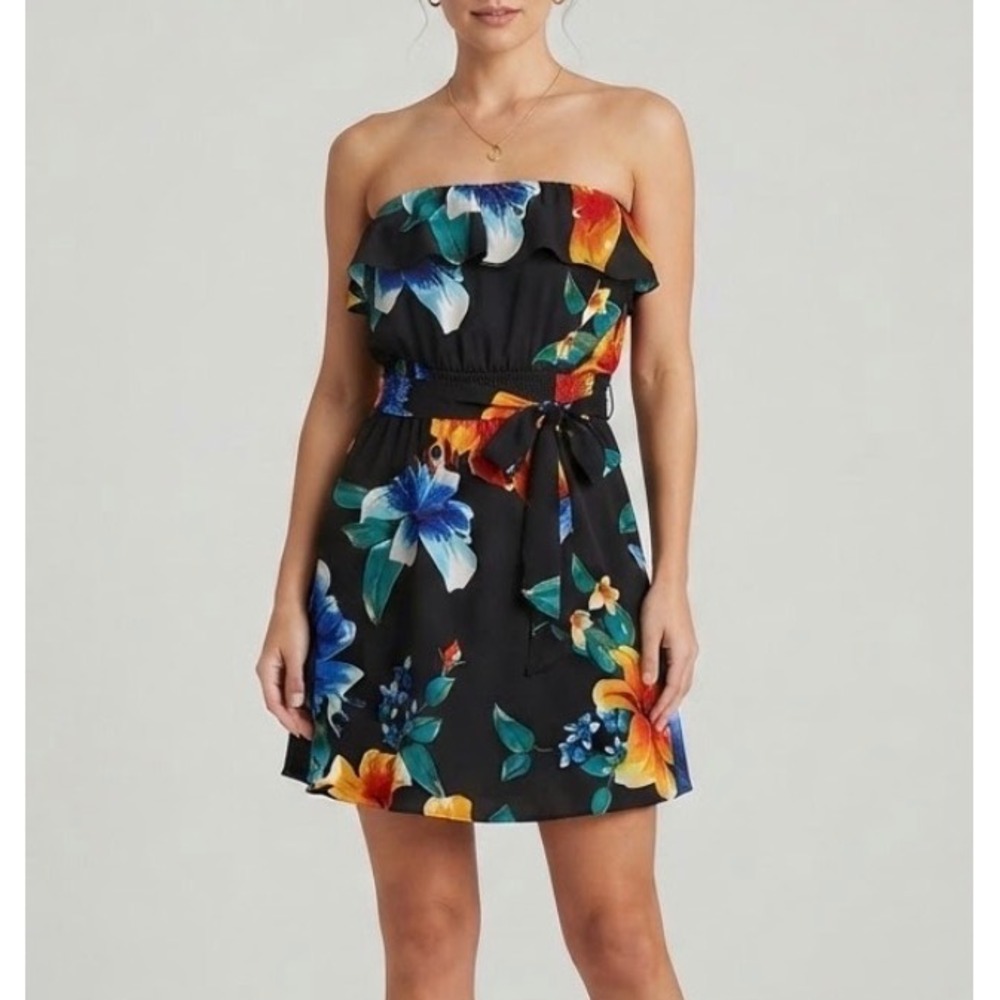 White House Black Market Strapless Floral Ruffle Mini Dress Black Blue Orange XS